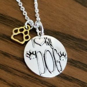 Love my Dog Charm Necklace Paw Print Silver Plated